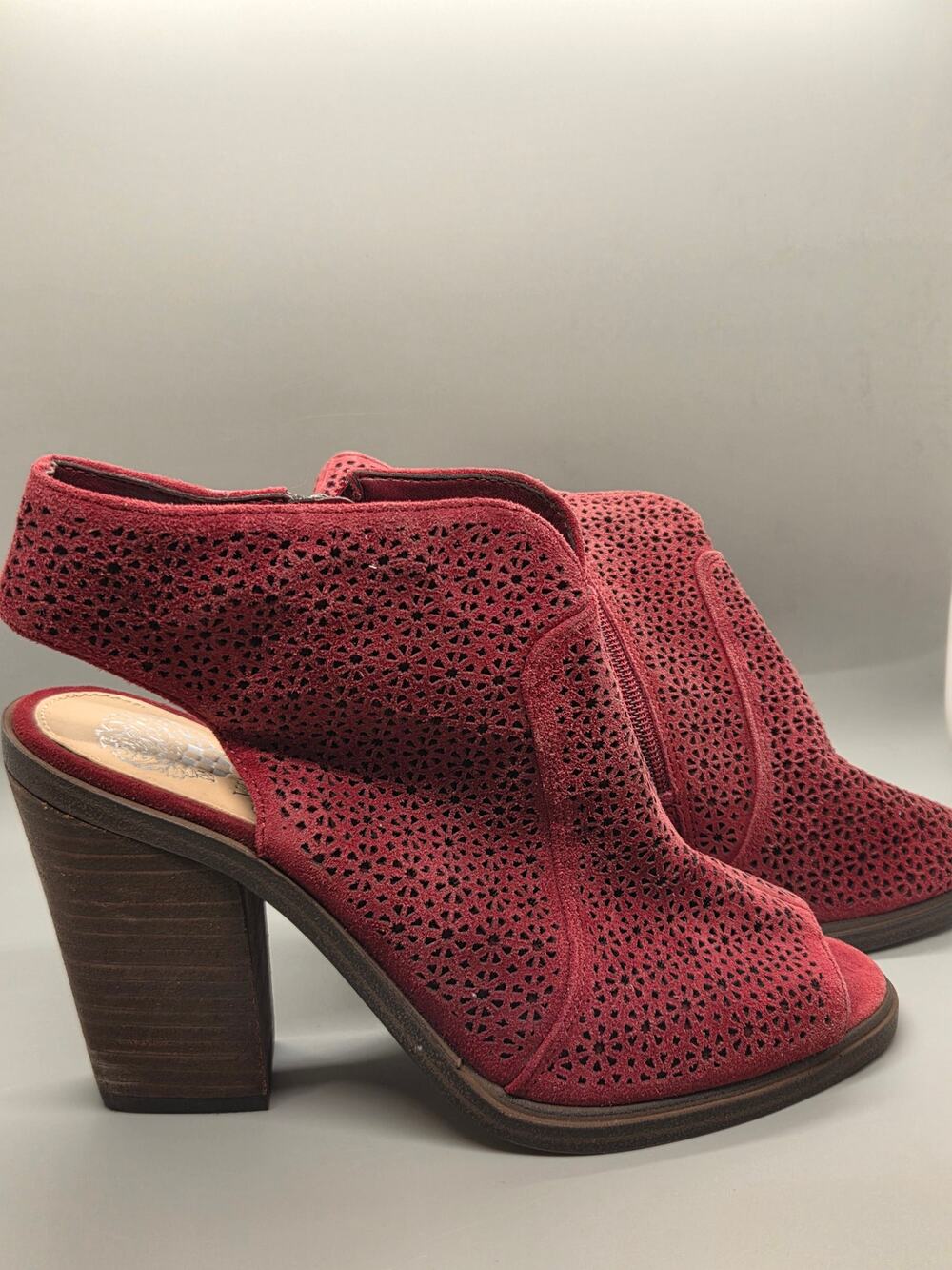 Vince Camuto Klova Red Suede High Block Heeled Open Toed Bootie Sz 8